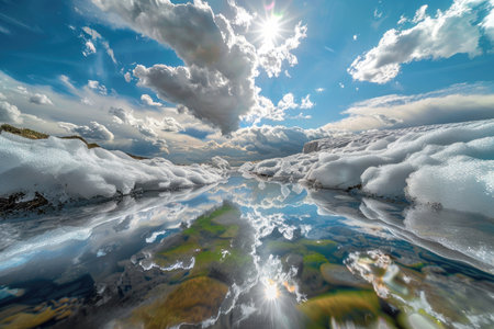 A captivating image of snow melting and revealing the vibrant landscape beneathの素材