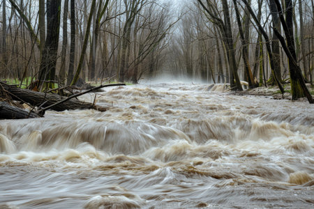 A breathtaking image of a river at its peak during springtimeの素材