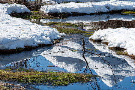 A captivating image of snow melting and revealing the vibrant landscape beneathの素材