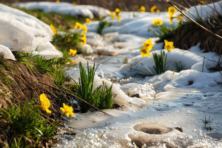 A captivating image of snow melting and revealing the vibrant landscape beneathの素材