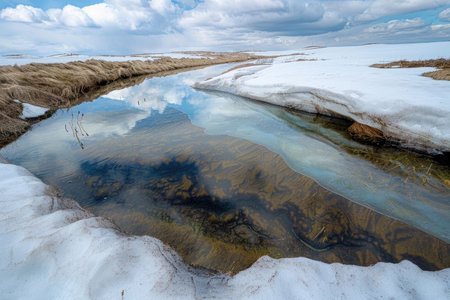 A captivating image of snow melting and revealing the vibrant landscape beneathの素材