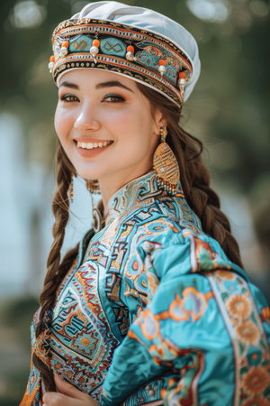 A joyful and beautiful young Kazakh woman dressed in traditional attire, celebrating Nowruzの素材