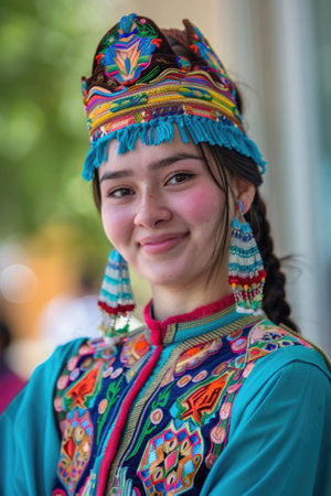A joyful and beautiful young Kazakh woman dressed in traditional attire, celebrating Nowruzの素材