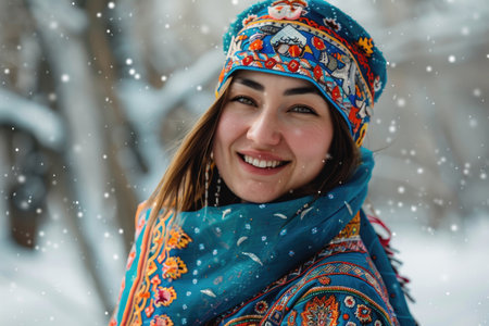 A joyful and beautiful young Kazakh woman dressed in traditional attire, celebrating Nowruzの素材