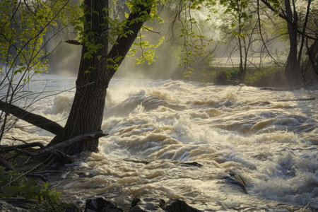 A breathtaking image of a river at its peak during springtimeの素材