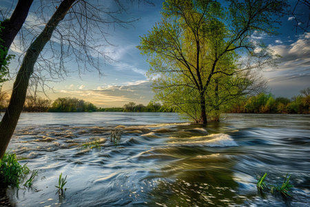 A breathtaking image of a river at its peak during springtimeの素材