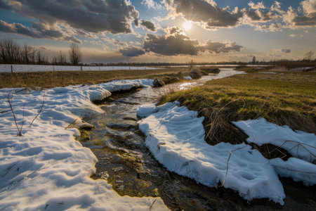 A captivating image of snow melting and revealing the vibrant landscape beneathの素材