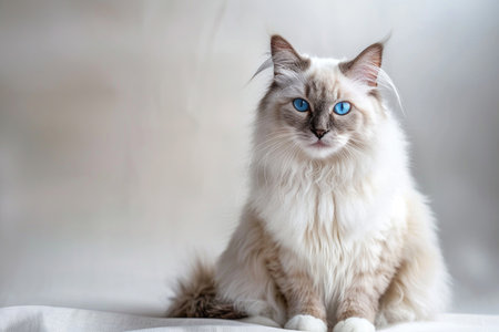 Fluffy ragdoll cat with blue eyes sitting on a light backgroundの素材