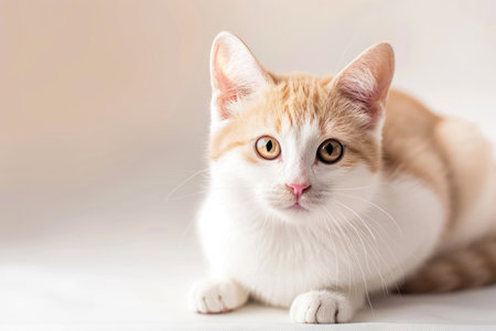 Adorable munchkin cat with short legs sitting on a light backgroundの素材
