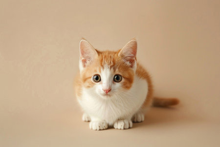 Adorable munchkin cat with short legs sitting on a light backgroundの素材