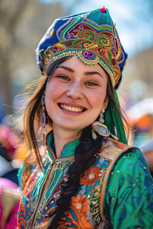 A joyful and beautiful young Kazakh woman dressed in traditional attire, celebrating Nowruzの素材