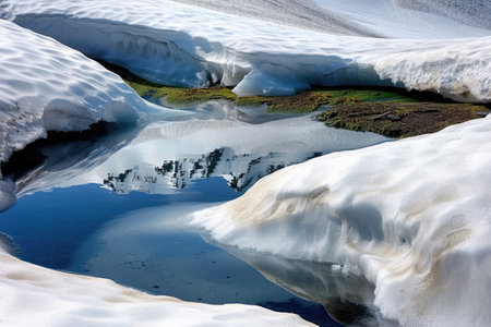 A captivating image of snow melting and revealing the vibrant landscape beneathの素材