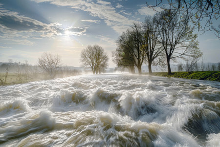 A breathtaking image of a river at its peak during springtimeの素材