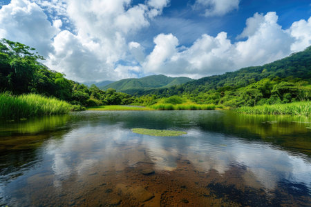 A serene landscape showing the purity and abundance of natural water sourcesの素材