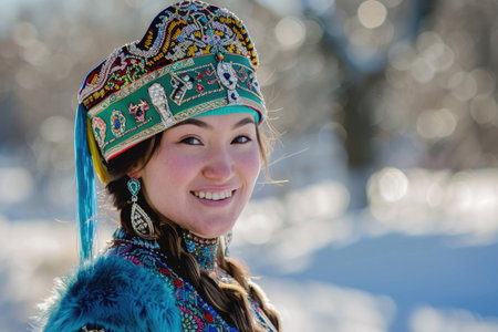 A joyful and beautiful young Kazakh woman dressed in traditional attire, celebrating Nowruzの素材