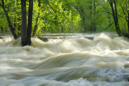 A breathtaking image of a river at its peak during springtimeの素材