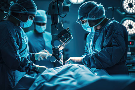 A dramatic image of a robot surgeon operating on a patient with incredible precisionの素材