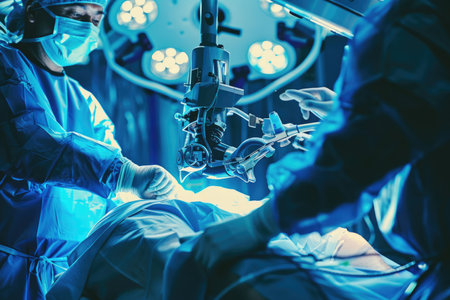 A dramatic image of a robot surgeon operating on a patient with incredible precisionの素材
