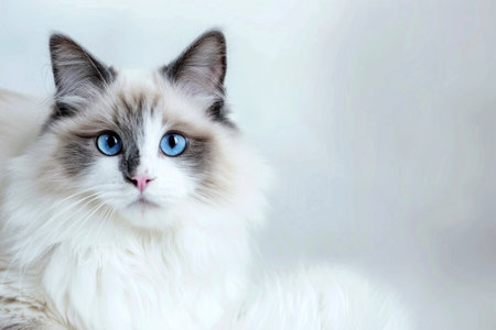 Fluffy ragdoll cat with blue eyes sitting on a light backgroundの素材