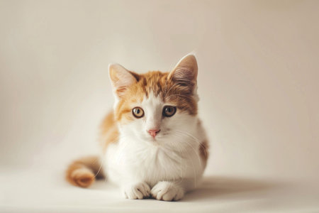 Adorable munchkin cat with short legs sitting on a light backgroundの素材