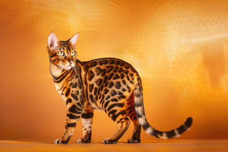 A Bengal cat gracefully isolated against a bright backdropの素材