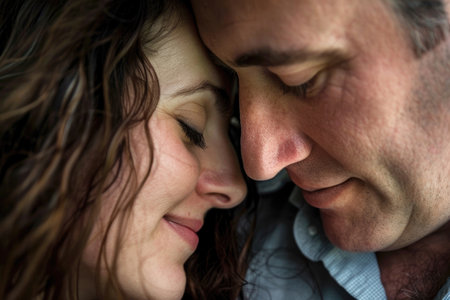 The warmth and romance between a couple in a close-up portraitの素材