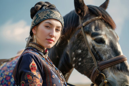 A stunning young woman in traditional attire poses gracefully next to a horse at the Nowruz festivalの素材