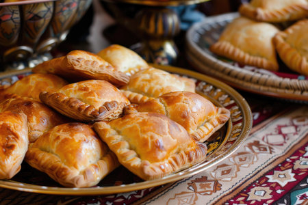 Samsa, savory pastries filled with meat or potatoes, baked to perfection for the Nowruzの素材
