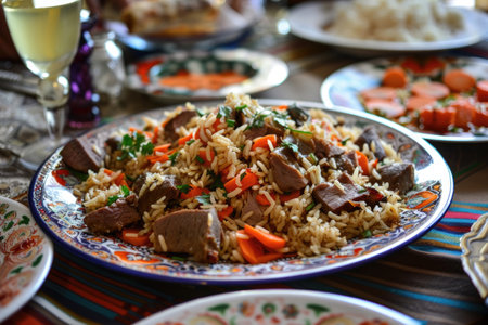 Plov, a traditional Uzbek dish featuring savory rice, tender meat, carrots served for Nowruzの素材