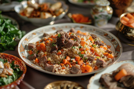 Plov, a traditional Uzbek dish featuring savory rice, tender meat, carrots served for Nowruzの素材