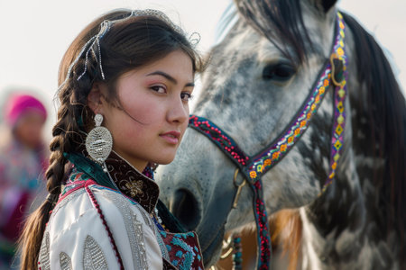 A stunning young woman in traditional attire poses gracefully next to a horse at the Nowruz festivalの素材