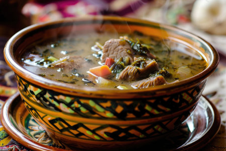 A steaming bowl of shurpa, a hearty soup made with tender meat, vegetables, and aromatic spicesの素材