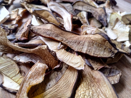 Dried mushrooms for food preparation and cooking, kitchen spices.の写真素材