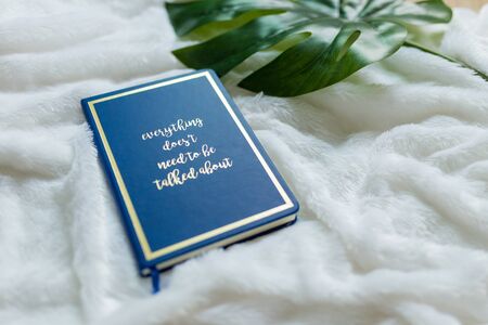 Blue notebook set no white soft cloth with green artificial leaves