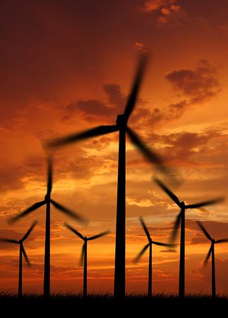 Wind power landscape at sunset の写真素材