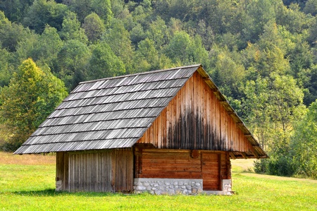 wooden hayloft in Triglav National Park - Julian Alps, Slovenia のeditorial素材