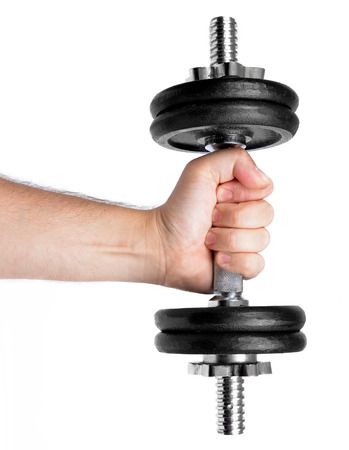 Hand holding black dumbbell isolated on whiteの写真素材