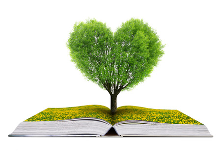Book with a tree in the shape of heart isolated on white backgroundの写真素材