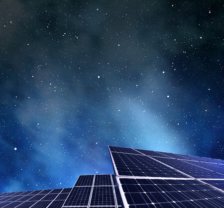 Photovoltaic panels in night. Power plant using renewable solar energy.の写真素材