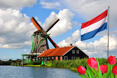 Traditional dutch windmills and houses in Zaanse Schans, Netherlands, Europeの写真素材