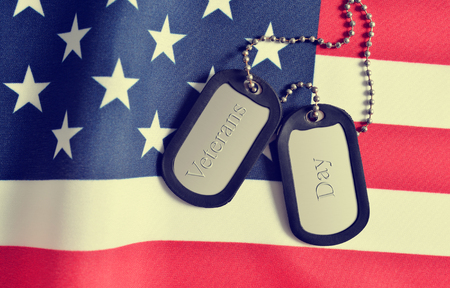 Close up of american flag and soldiers badges.Veterans Day Concept.の写真素材