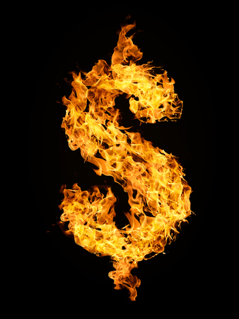 Dollar sign from fire flame isolated on black background.の写真素材