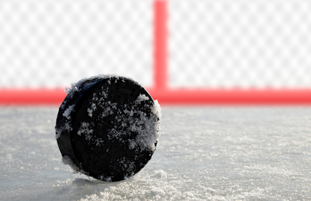 Hockey puck lying on a ice rink.の写真素材