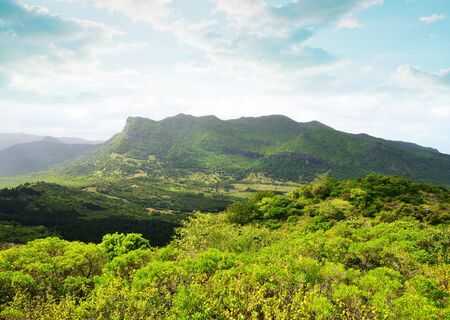 View of the highest mountain of Mauritius Island from Le Morne Brabant.の写真素材