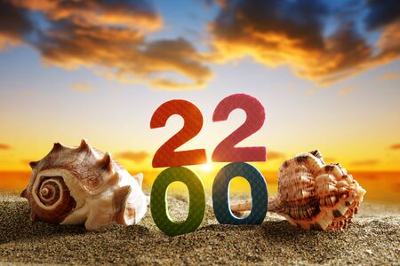 Number 2020 and sea shell on the sand beach. Happy New Year.の写真素材