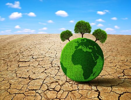 Green planet with trees in the dry landscape with cracked soil. Concept of climate change or global warming.の写真素材