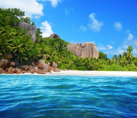 Granite rocks and coconut palm trees on sand beach of the island Grande Soeur near La Digue, Indian Ocean, Seychelles.の写真素材