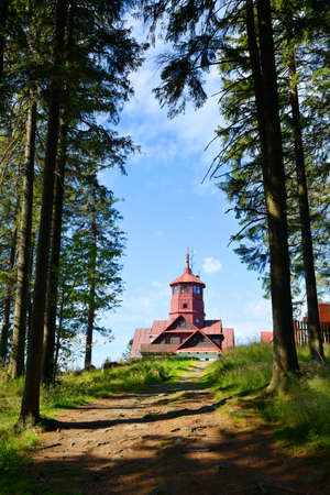 ZELEZNA RUDA, CZECH REPUBLIC - JULY 28, 2020: Lookout tower on the top of Pancir mountain in National Park Sumava.のeditorial素材