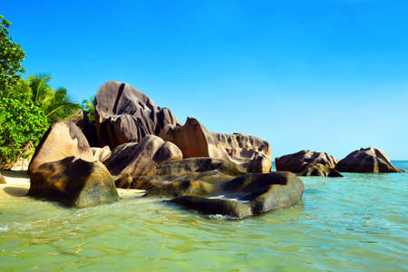 Beatiful beach Anse Source d'Argent with big granite stones in La Digue Island, Indian Ocean, Seychelles. Luxury travel destination.の写真素材