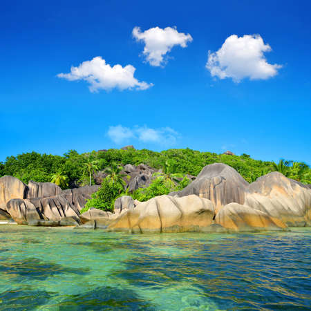 Beatiful beach Anse Source d'Argent with big granite stones in La Digue Island, Indian Ocean, Seychelles. Luxury travel destination.の写真素材
